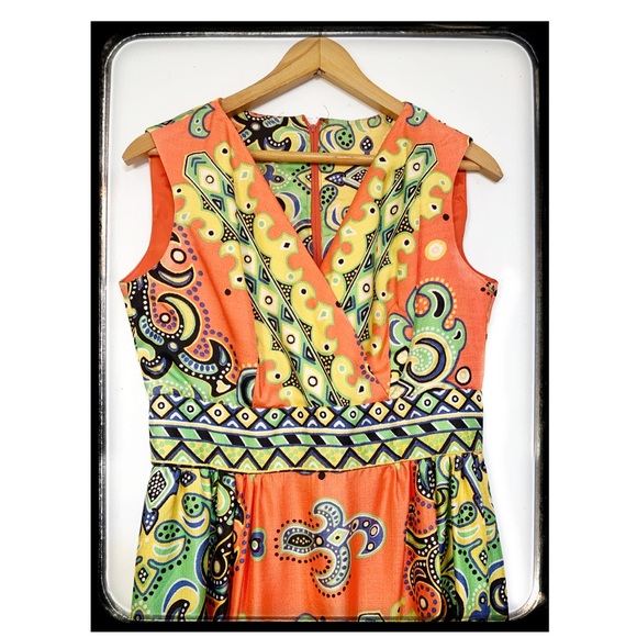 Vintage 1960’s Orange & Yellow Maxi Dress Large - Picture 2 of 4